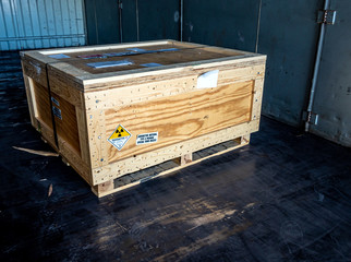 Radiation warning sign transport label Class 7 on the Dangerous goods package type A in the...