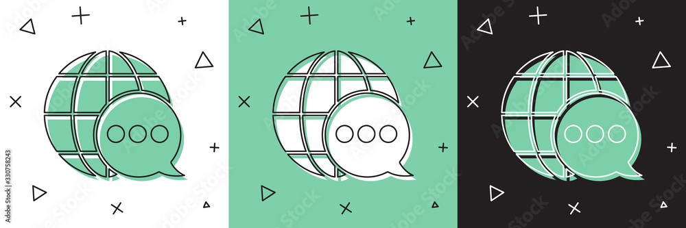 Poster set world map made from speech bubble icon isolated on white and green, black background. global com