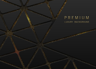 Vector abstract black layered background with golden sparks halftone effect and triangles shapes. Glitter dotted sparkles shine texture. Dark laminate material luxury geometric wallpaper