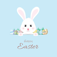 Happy Easter greeting card with rabbit and easter eggs.