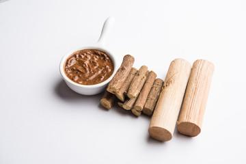 Ayurvedic Liquorice sandalwood Face Mask made using Mulethi or jeshthamadh and Chandan powder. selective focus