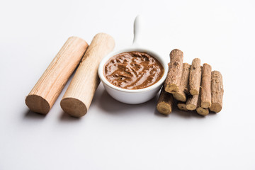 Ayurvedic Liquorice sandalwood Face Mask made using Mulethi or jeshthamadh and Chandan powder. selective focus