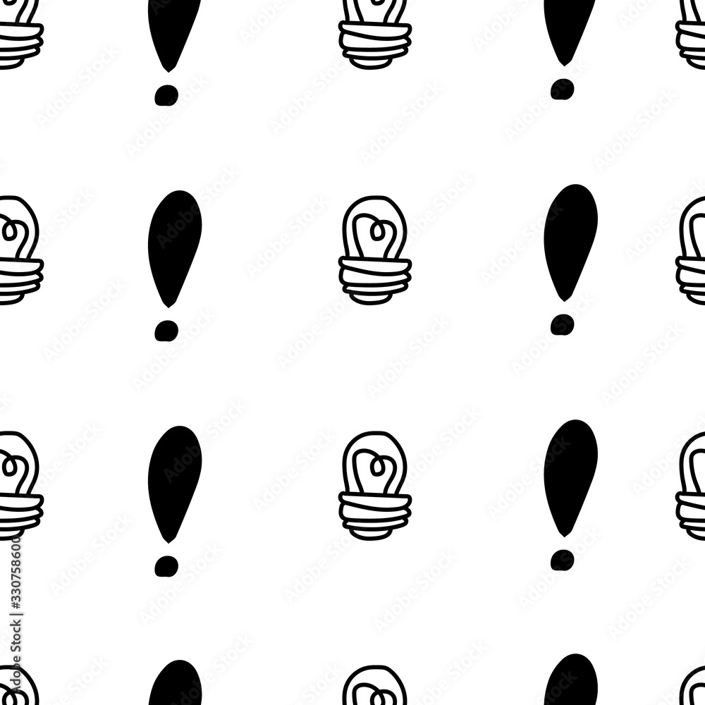 Poster exclamation mark and light bulb seamless pattern on white background. hand drawn vector elements.vec