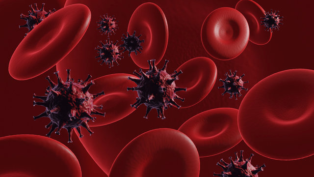 Coronavirus 2019-nCov and red blood cells 3d rendering.