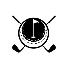 golf club logo design concept vector with golf ball flag and crossed sticks isolated on white background