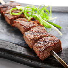 Marbled beef skewer top view