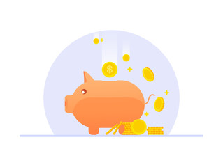 Flat design Piggy bank with coins on isolated white background, Investment, Saving money concept with piggy bank, piggy bank icon vector illustration.
