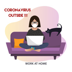 Coronavirus. Stay home. Scared girl with face mask working on laptop at home. Quarantine. vector flat illustration.