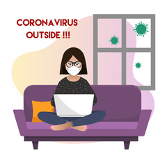 Coronavirus outside. Stay home. Scared girl with face mask working on laptop at home. Window and bacterias. Quarantine. vector flat illustration.