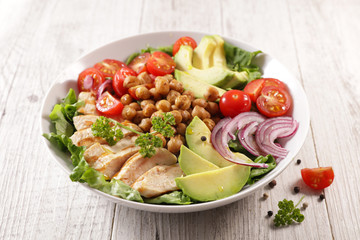 buddha bowl with vegetable and chicken fillet