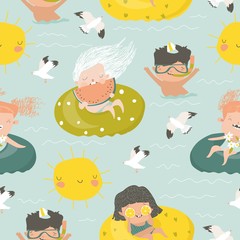 Seamless pattern of kids having fun and swimming in the sea