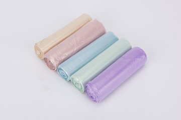Color, environmental friendly and degradable disposable garbage bag, in white background and isolation