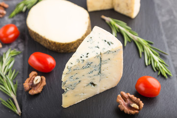 Various types of cheese with rosemary and tomatoes on black slate board on a black concrete background. Side view, selective focus.