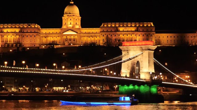 Timelapse Of Chain Bridge In Hungarian Colors, 1848 Revolution Memorial
