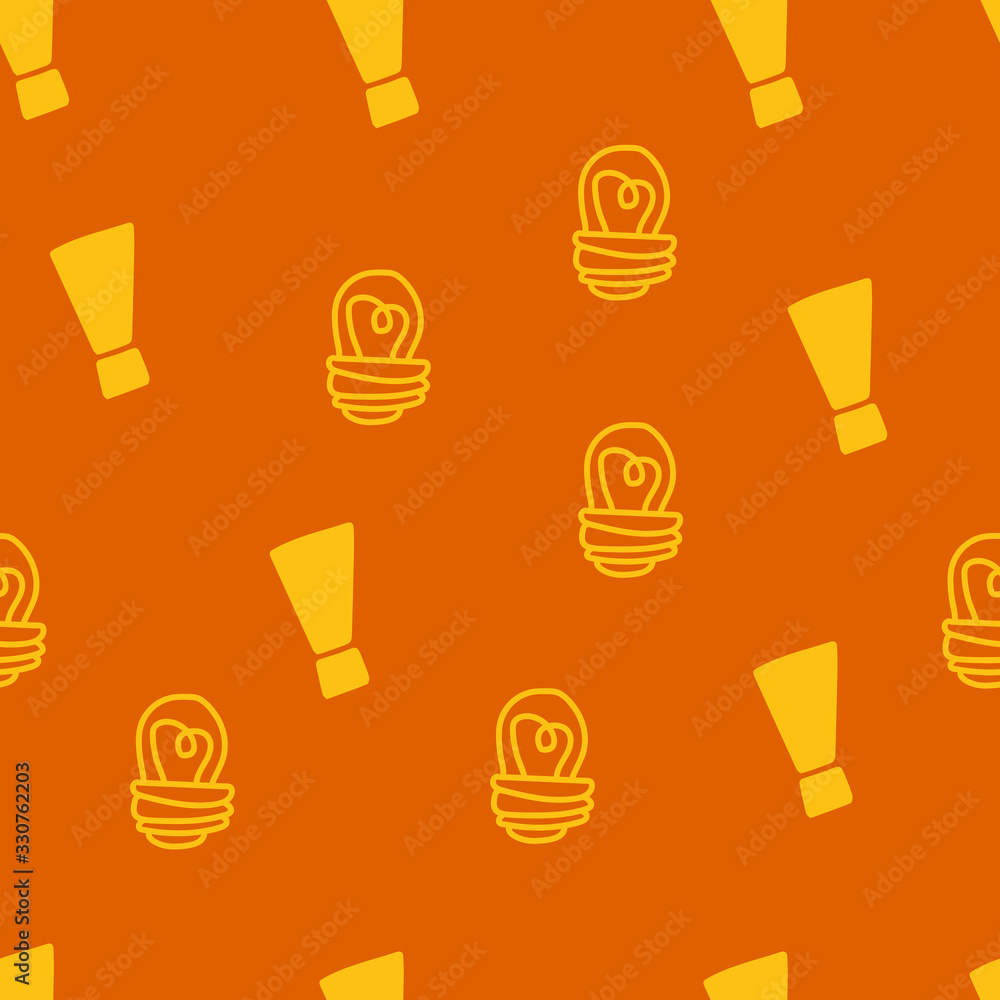Poster exclamation mark and light bulb seamless pattern on white background. hand drawn vector elements.vec