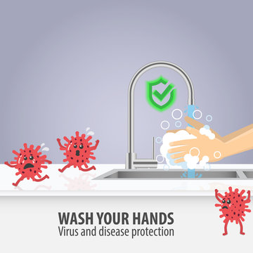 Wash your hands prevent viruses and disease. Protection of Virus and infection. Washing hands with soap under the faucet with water. Virus character in flat cartoon style. Vector illustration design.