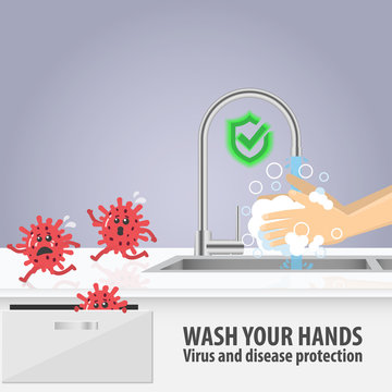 Wash your hands for viruses, disease and infection protection. Washing hands with soap under the faucet with water. Virus character in flat cartoon style. Vector illustration design.