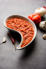 onion tomato masala or puree for indian gravy, served in a bowl with raw tamatar, pays and lehsun and red chilli, selective focus