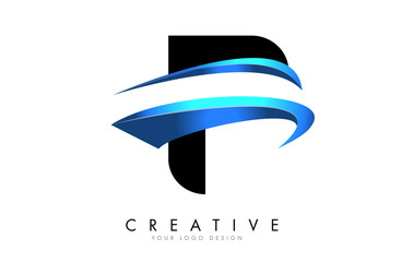 F letter logo with blue gradient swash design.