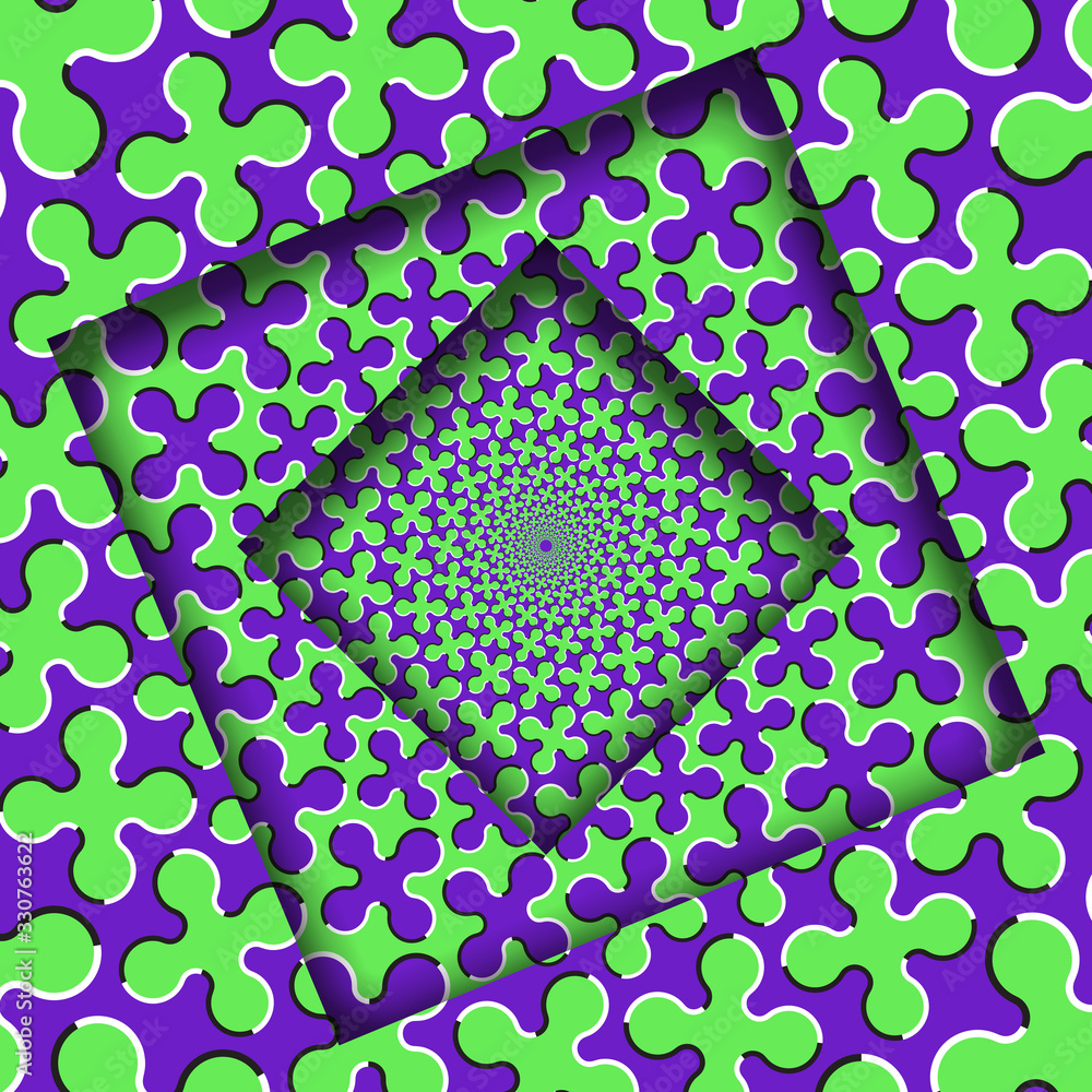 Poster abstract turned frames with a rotating green purple cruciform shapes pattern. optical illusion hypno