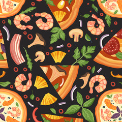 Italian cheese pizza vector illustration. Delicious tasty snack with bacon meat, shrimp seafood, pineapple and mushrooms. Flat food design on a black background.