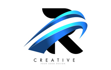 R Letter logo with blue gradient swash design.