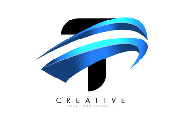 T Letter logo with blue gradient swash design.