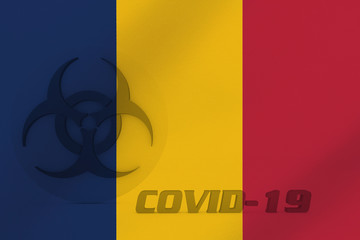 Naklejka premium 3D ILLUSTRATION VIRUS, BIOHAZARD SYMBOL CORONAVIRUS WITH Romania FLAG, Flu coronavirus floating, micro view, pandemic virus infection, asian flu.