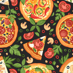 Italian margherita cheese pizza vector seamless pattern illustration with basil, salami, olives and tomato seamless pattern. Delicious tasty snack with chili pepper. Flat design.