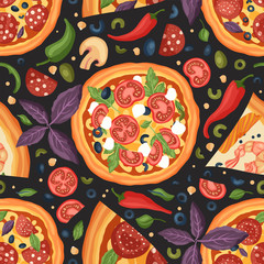 Italian cheese pizza vector illustration. Margherita and salami seamless pattern. Delicious tasty snack with basil, mozzarella, olives and bacon meat. Flat design.