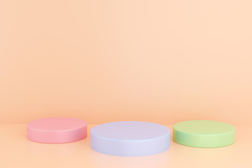 Cylinder podiums pastel background. Abstract minimal scene with geometrical. Scene to show cosmetic products presentation. Mock up design empty space. Showcase, shopfront, display case. 3d render.