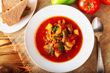 Hot beef hungarian  goulash soup with paprika, beef, potatoes, carrots, onion, pepper and herbs....