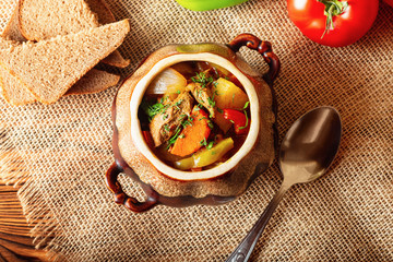 Hot beef hungarian  goulash soup with paprika, beef, potatoes, carrots, onion, pepper and herbs....