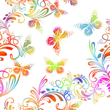 Multicolored seamless background of flowers with butterflies. Mixed media. Vector illustration