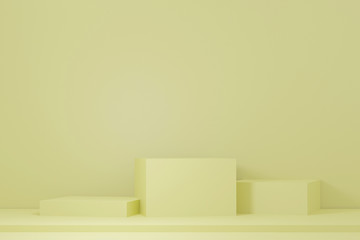 Minimal 3d rendering scene with composition empty step cube shades of yellow pastel podium for cosmetic product and abstract background. mock up geometric shape in pastel colors. 3d illustration