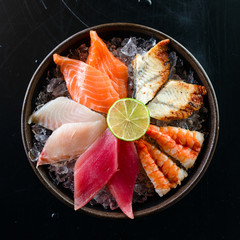 Salmon, tuna sashimi, eel on ice pillow - obrazy, fototapety, plakaty