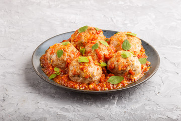 Pork meatballs with tomato sauce, oregano leaves, spices and herbs on a gray concrete background. side view