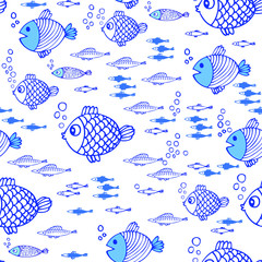 Fish doodle, hand drawn seamless pattern, vector image