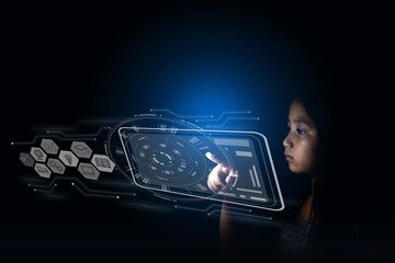 Fototapeta premium Little cute Girls use technology to find knowledge&learn to use the internet to find information.