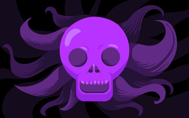Vector illustration of a purple skull with dark black background. Flat style illustration.