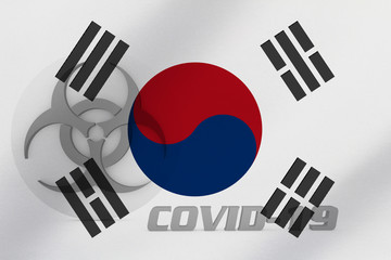 3D ILLUSTRATION VIRUS, BIOHAZARD SYMBOL CORONAVIRUS WITH South Korea FLAG, Flu coronavirus floating, micro view, pandemic virus infection, asian flu.