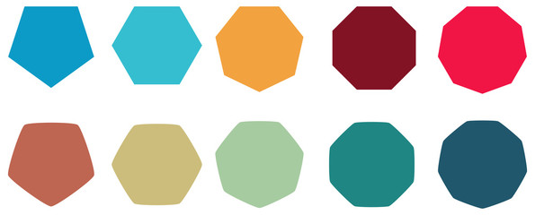 Polygons with various number of sides (pentagon, hexagon, heptagon, octagon, nonagon) icons, sharp and slightly rounded version - obrazy, fototapety, plakaty