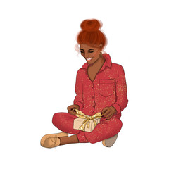 Red Hair African American Girl In Red With Golden Dots Pajama Isolated On A White Background Hand Drawn Illustration