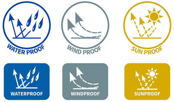 Set of weather resistance icons. Water wind and sun proof signs in circle  and rounded square, can be used on textiles Stock Vector