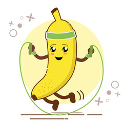 Cute banana cartoon character  makes the jump rope