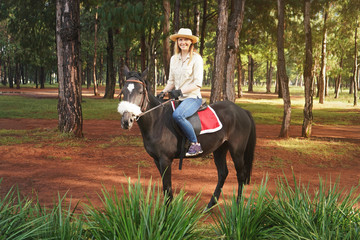 Young woman in shirt and straw hat, riding dark brown horse in the park, blurred tall pine trees in background