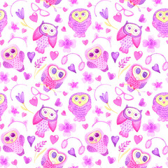 Seamless pattern with cute owls, headbands, hearts, flowers, glasses, fluffy headphones. Pink background for invitations, fabric, decor