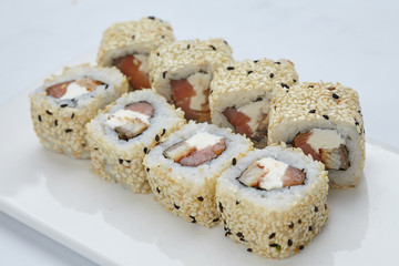 tasty sushi on the white background