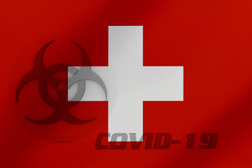 Obraz premium 3D ILLUSTRATION VIRUS, BIOHAZARD SYMBOL CORONAVIRUS WITH Switzerland FLAG, Flu coronavirus floating, micro view, pandemic virus infection, asian flu.
