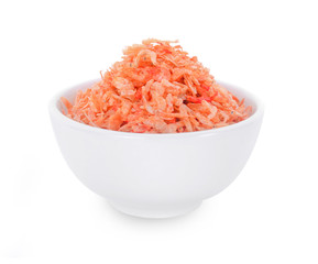 Dried small shrimp in white bowl isolated on white background.